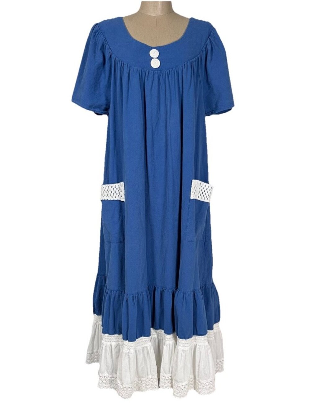 National Prairie Dress Blue White Eyelet Lace Cottagecore Midi Size XL XXL Vtg